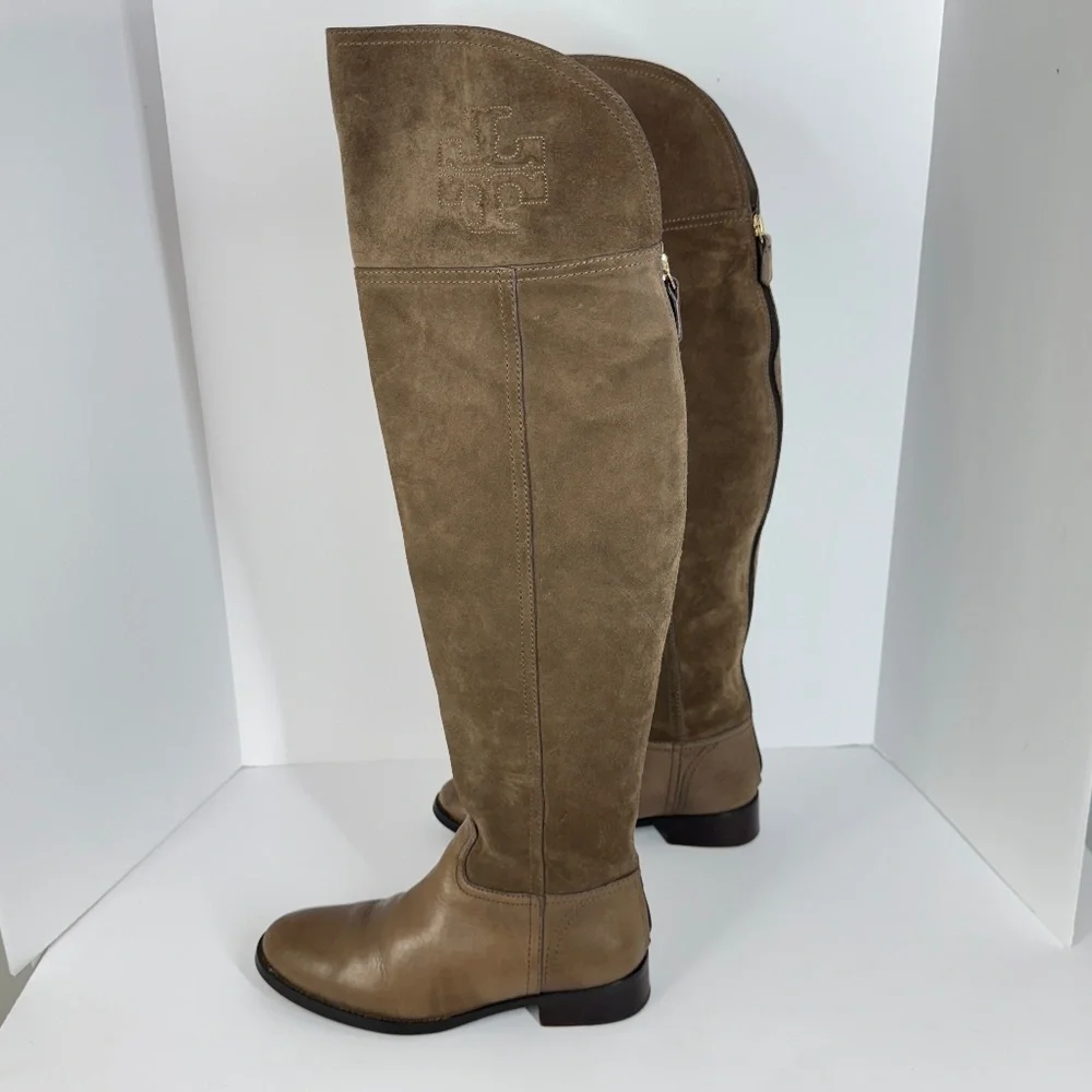 Tory Burch Women Brown Suede Leather Riding Boots Logo Tall Boots 6.5 Equestrian